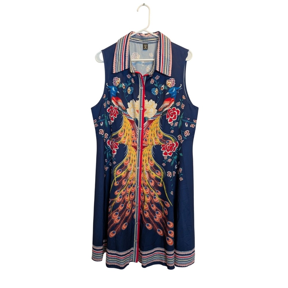 Shein Sleeveless Dress Womens Plus Size 1XL Peacock Floral Print Button Front